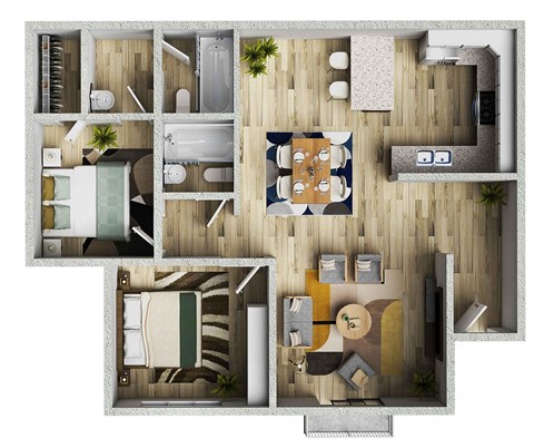 Floor plan for 2 beds, 2 baths, 950 sqft